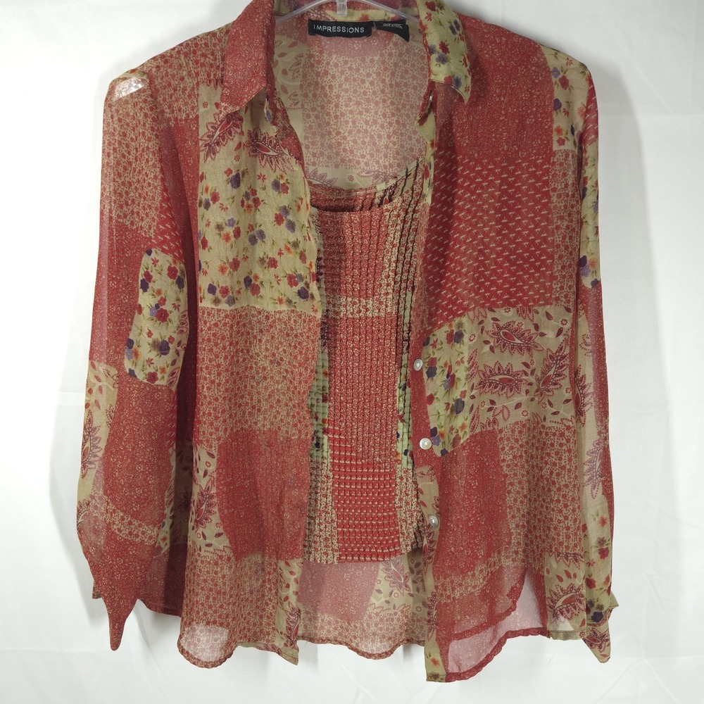 Vtg‎ Y2K 90s Impressions 2pc Patchwork Floral Sheer Blouse & Crinkle Tank Size M